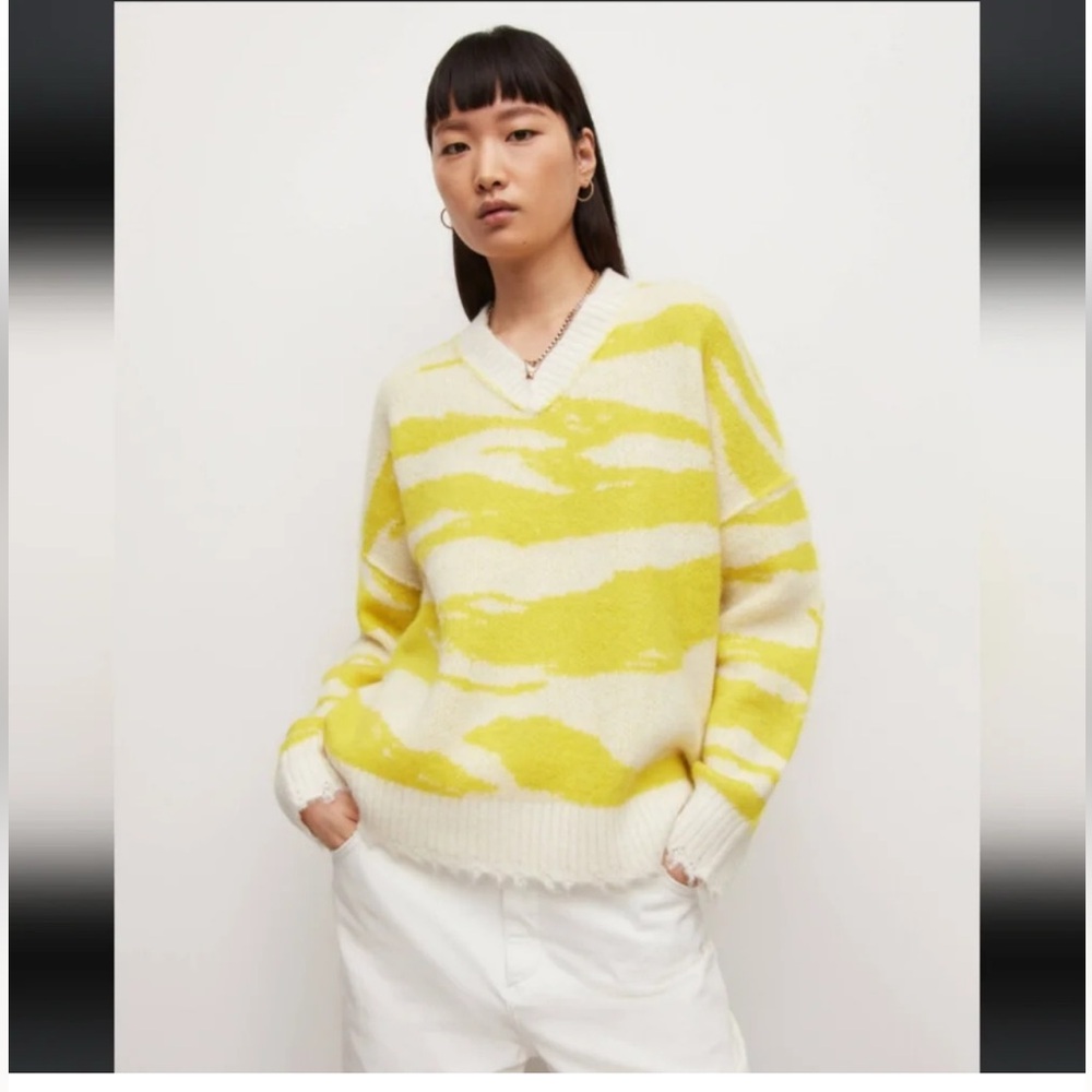 All Saints Tiga Yellow and Cream V-Neck Sweater Wool Alpaca Blend